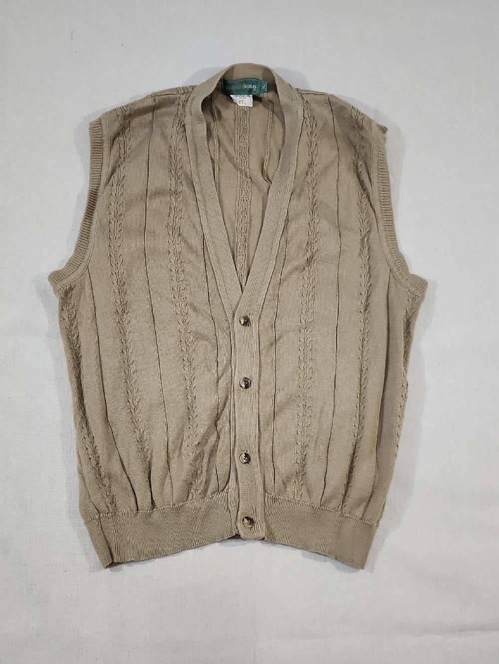 Vtg USA Made Egyptian Cotton Classic‎ Cable-Knit Button Vest in Beige